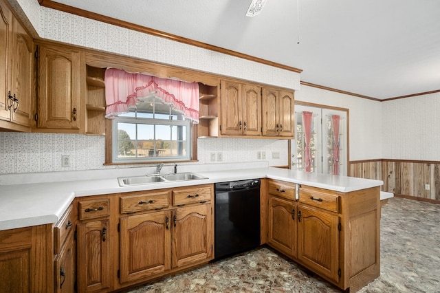 kitchen featuring light countertops, black dishwasher, wainscoting, and wallpapered walls