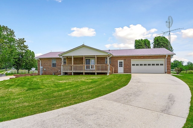 ranch-style house with a front yard, a porch, and brick siding