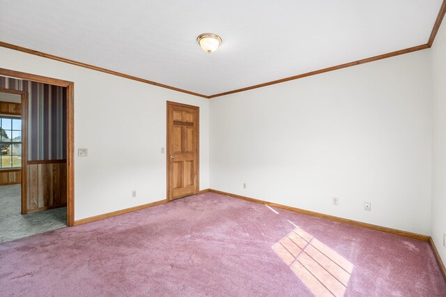 carpeted empty room with ornamental molding and baseboards