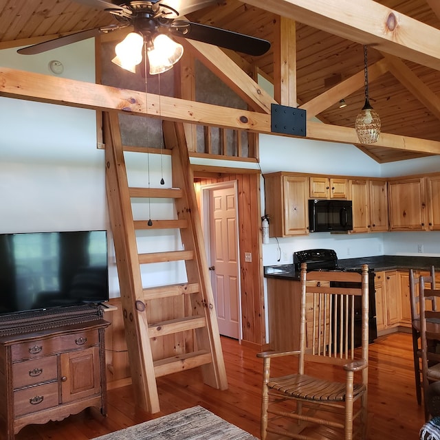 349 Treva Ln, Monterey, TN 38574 - kitchen featuring black microwave, ceiling fan, dark countertops, wood finished floors, and wood ceiling