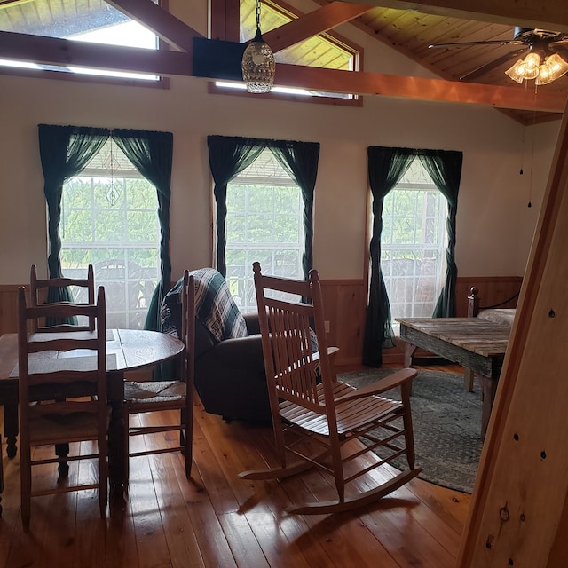 349 Treva Ln, Monterey, TN 38574 - dining area with wainscoting, wood-type flooring, wooden walls, and a ceiling fan