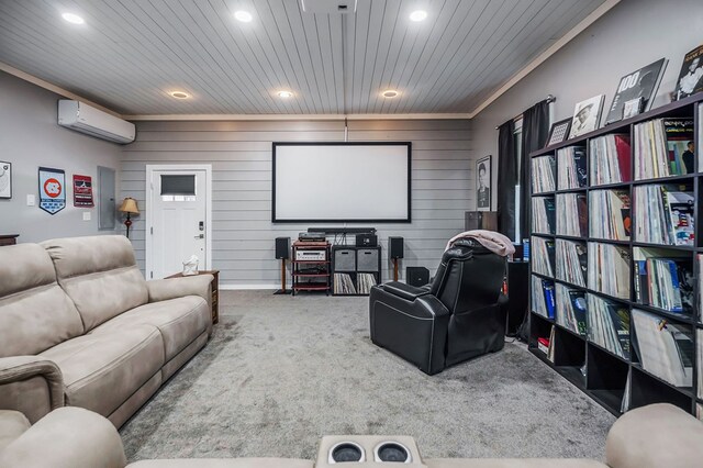 cinema featuring a wall unit AC, crown molding, recessed lighting, wood ceiling, and carpet flooring