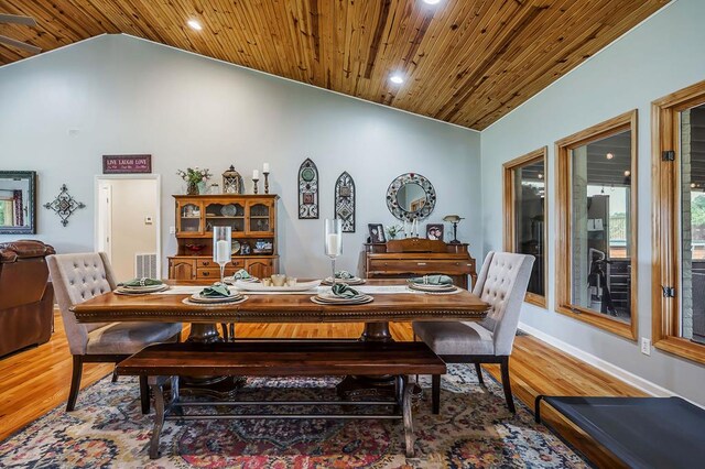 dining area featuring baseboards, visible vents, wooden ceiling, wood finished floors, and high vaulted ceiling