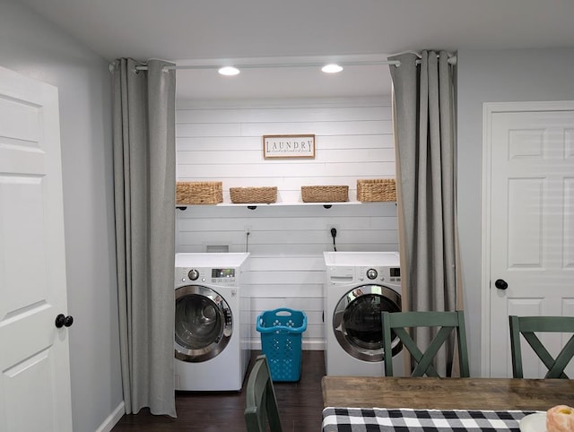 3569 Dry Mill Creek Rd, Hilham, TN 38568 - laundry area featuring washer and clothes dryer, dark wood-style floors, and recessed lighting