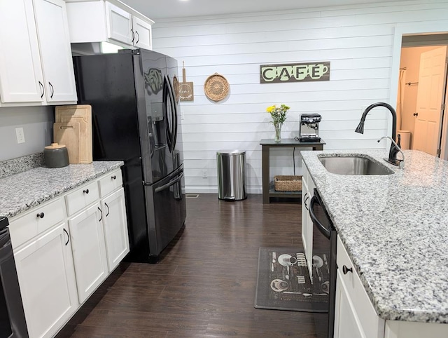 3569 Dry Mill Creek Rd, Hilham, TN 38568 - kitchen with dark wood-type flooring, fridge with ice dispenser, white cabinets, light stone counters, and dishwasher