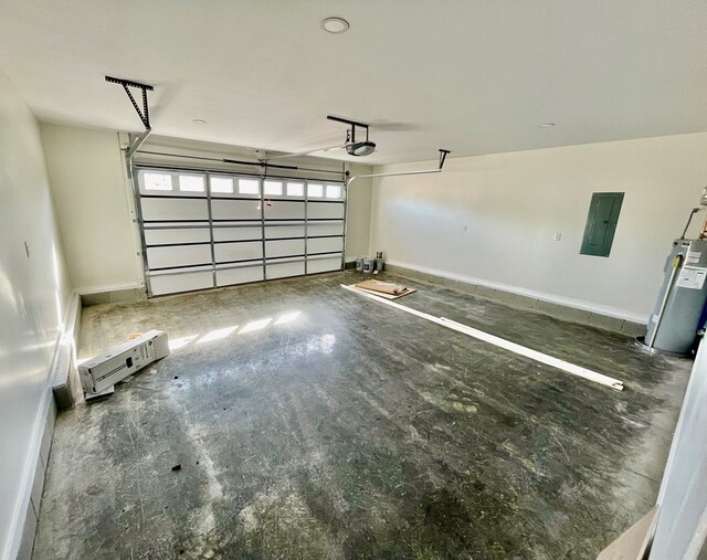 garage with water heater, electric panel, baseboards, and a garage door opener