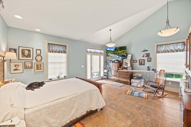 292 Mclerran Cemetery Rd, Moss, TN 38575 - tiled bedroom with access to exterior, recessed lighting, and high vaulted ceiling