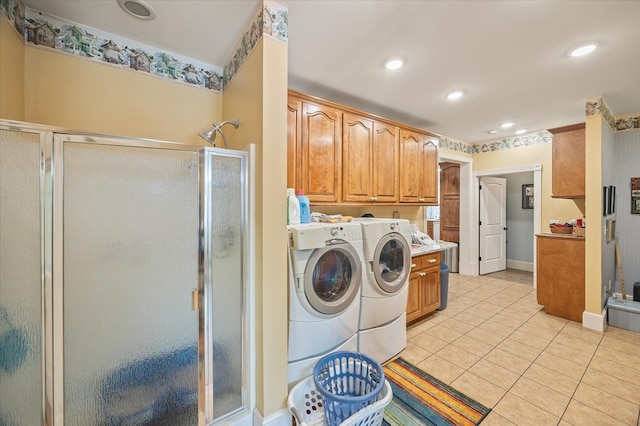 292 Mclerran Cemetery Rd, Moss, TN 38575 - laundry room featuring separate washer and dryer, light tile patterned floors, cabinet space, and recessed lighting