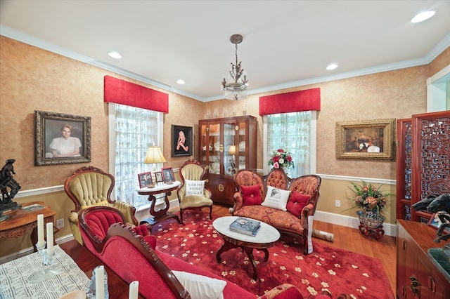 292 Mclerran Cemetery Rd, Moss, TN 38575 - living room with ornamental molding, wood finished floors, wallpapered walls, recessed lighting, and a chandelier