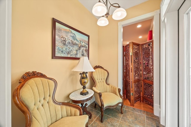 292 Mclerran Cemetery Rd, Moss, TN 38575 - living area with stone finish flooring, a chandelier, and recessed lighting
