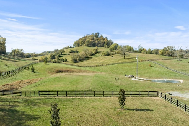 view of property's community with a yard, a rural view, and fence