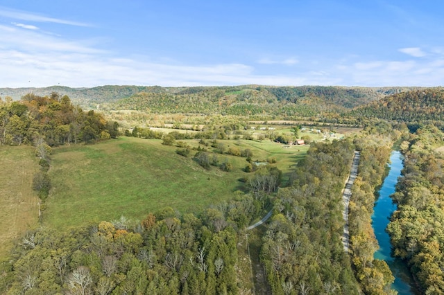 aerial view with a water view and a view of trees