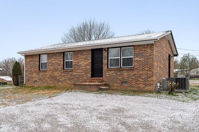 single story home with roof with shingles, brick siding, and crawl space