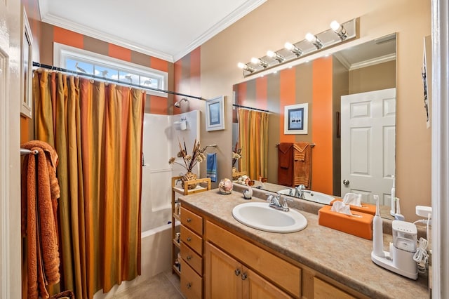 169 Prosperity Dr, Baxter, TN 38544 - bathroom with crown molding, vanity, shower / bath combo with shower curtain, and tile patterned flooring