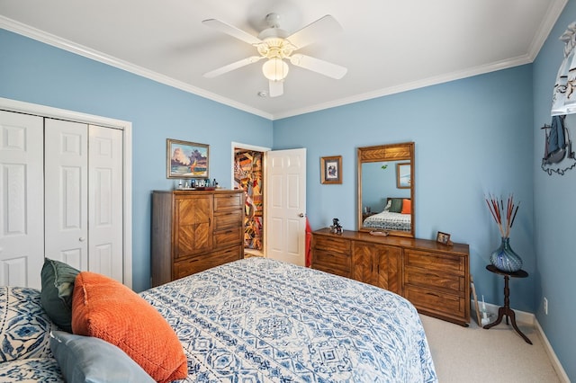 169 Prosperity Dr, Baxter, TN 38544 - bedroom featuring a closet, ornamental molding, carpet, baseboards, and ceiling fan