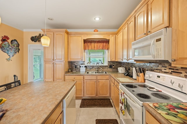 169 Prosperity Dr, Baxter, TN 38544 - kitchen featuring white appliances, a sink, light brown cabinets, and crown molding