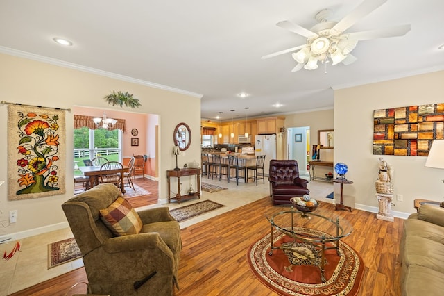 169 Prosperity Dr, Baxter, TN 38544 - living room with ornamental molding, ceiling fan, light wood finished floors, recessed lighting, and baseboards