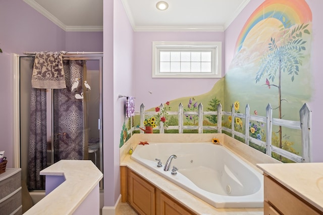 169 Prosperity Dr, Baxter, TN 38544 - full bathroom with a tub with jets, crown molding, a stall shower, and vanity