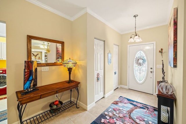 169 Prosperity Dr, Baxter, TN 38544 - foyer with tile patterned flooring, ornamental molding, a chandelier, and baseboards