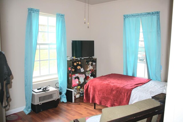 bedroom featuring multiple windows, wood finished floors, and baseboards