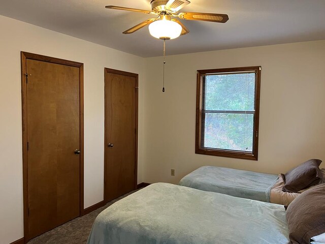 bedroom featuring carpet floors, ceiling fan, baseboards, and two closets