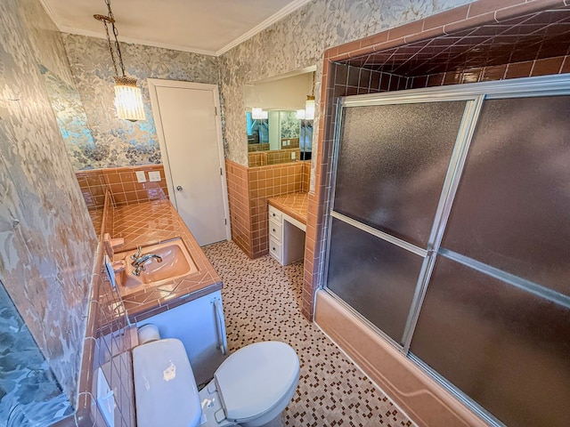 540 4th Ave, Baxter, TN 38544 - full bath with wallpapered walls, crown molding, tile walls, vanity, and a shower with shower door