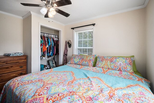 bedroom with a ceiling fan, a closet, and crown molding