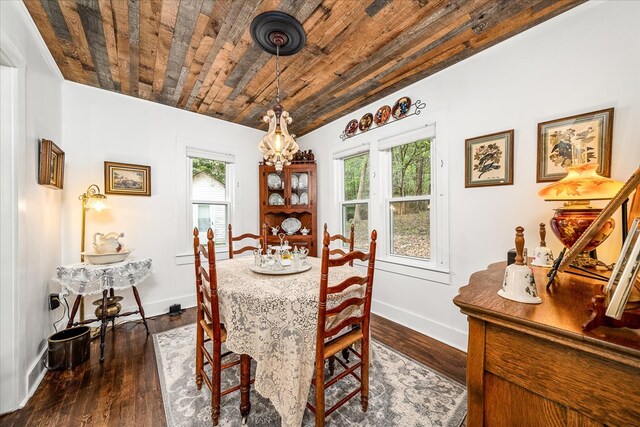 dining space featuring a healthy amount of sunlight, wooden ceiling, baseboards, and dark wood-style flooring