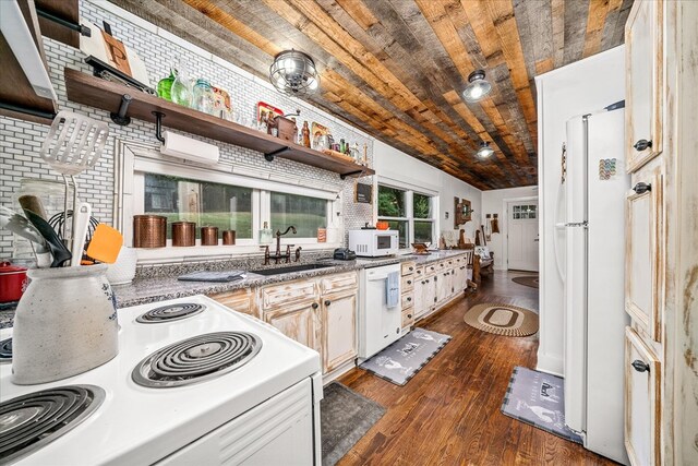 kitchen with open shelves, wood ceiling, white cabinetry, a sink, and white appliances