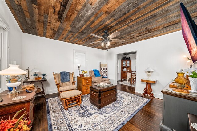 living room featuring dark wood-style flooring, wooden ceiling, and baseboards