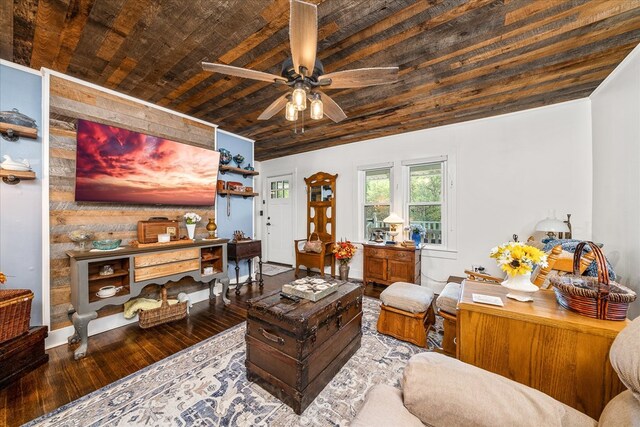 living area featuring wood ceiling, ceiling fan, and wood finished floors