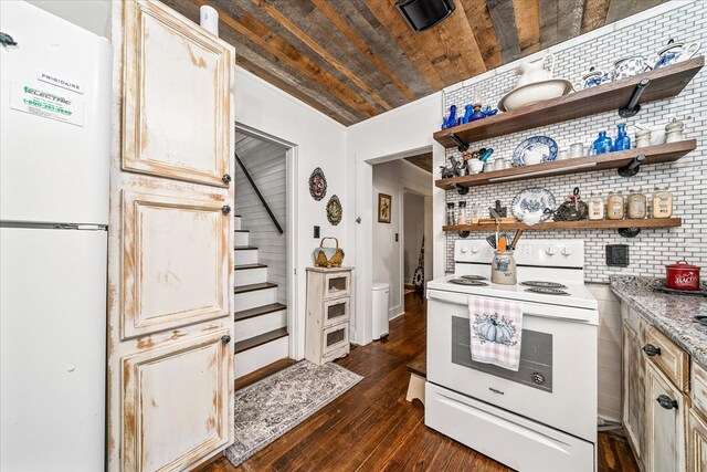 kitchen with light stone counters, wooden ceiling, white appliances, dark wood-style flooring, and open shelves