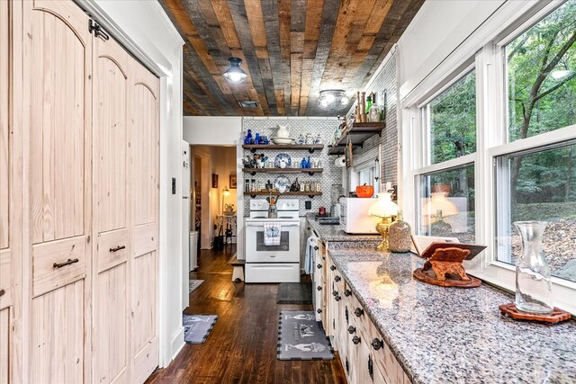 kitchen featuring wooden ceiling, white electric range, dark wood-type flooring, light stone countertops, and open shelves