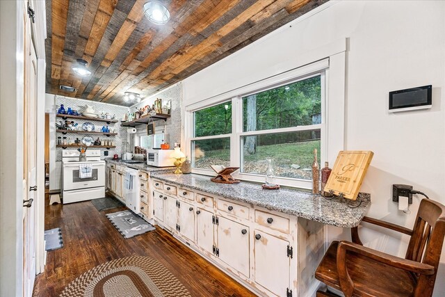 kitchen with light stone counters, white appliances, dark wood-style flooring, wood ceiling, and open shelves