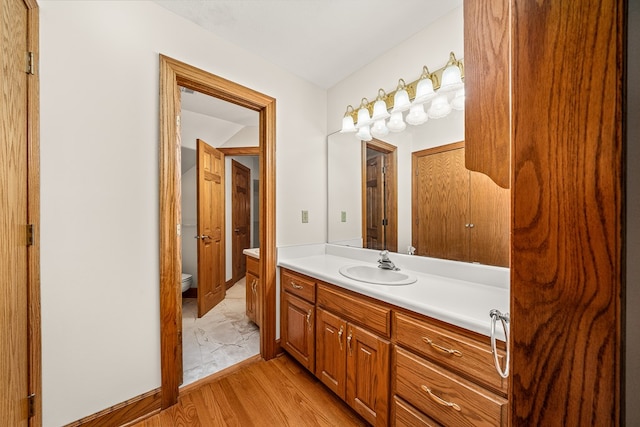 bathroom featuring toilet, wood finished floors, and vanity