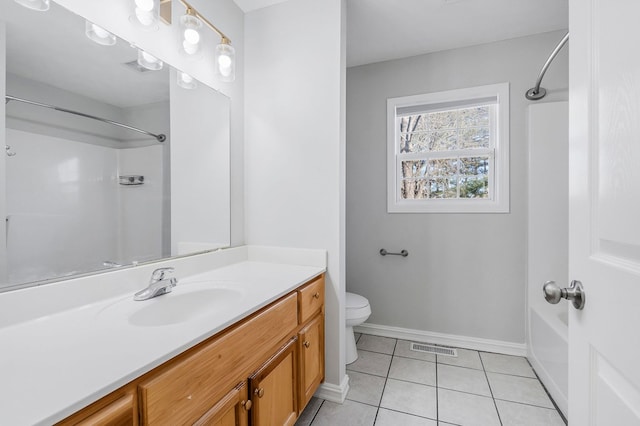 bathroom with toilet, vanity, baseboards, visible vents, and tile patterned floors