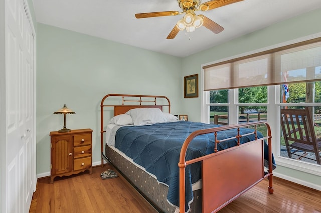 bedroom featuring multiple windows, wood finished floors, and baseboards