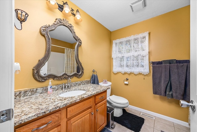 full bath with toilet, tile patterned flooring, visible vents, and vanity