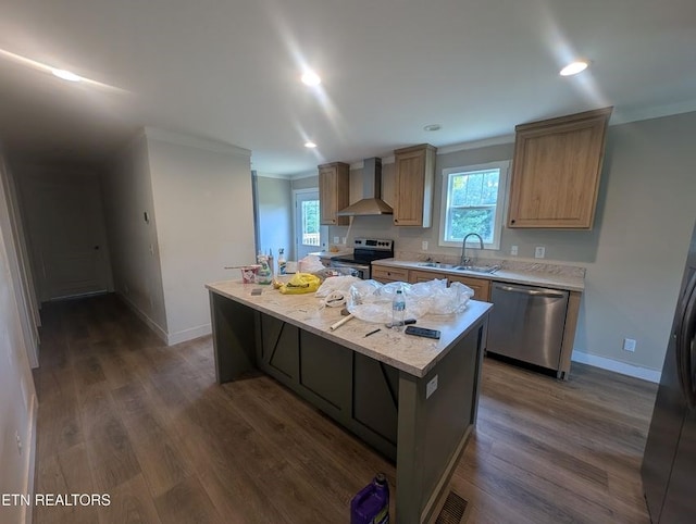 216 Valerie Dr, Deer Lodge, TN 37726 - kitchen featuring stainless steel appliances, wall chimney exhaust hood, ornamental molding, a kitchen island, and dark wood finished floors