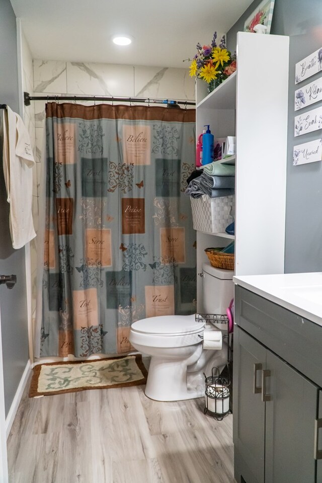 bathroom featuring curtained shower, vanity, toilet, and wood finished floors