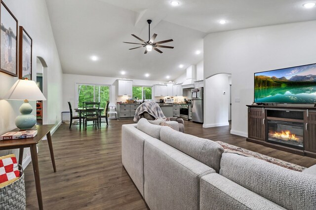 98 Paso Fino Trl, Jamestown, TN 38556 - living room with arched walkways, a glass covered fireplace, high vaulted ceiling, a ceiling fan, and dark wood-style flooring