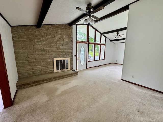 1039 Old Martha Washington Rd, Clarkrange, TN 38553 - unfurnished living room with a ceiling fan, carpet flooring, and a fireplace