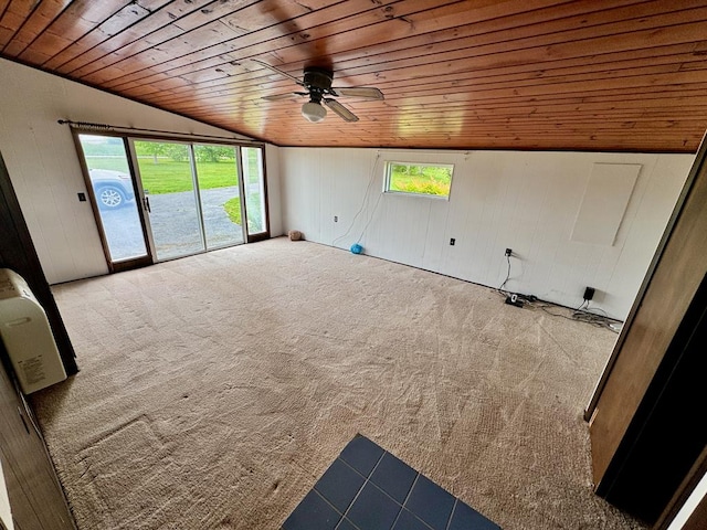 1039 Old Martha Washington Rd, Clarkrange, TN 38553 - empty room featuring wooden ceiling, lofted ceiling, carpet flooring, healthy amount of natural light, and wood walls
