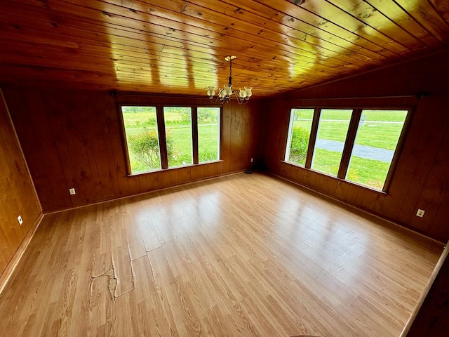 1039 Old Martha Washington Rd, Clarkrange, TN 38553 - empty room with a chandelier, vaulted ceiling, light wood-type flooring, wood ceiling, and wood walls