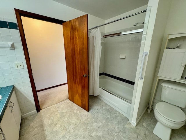1039 Old Martha Washington Rd, Clarkrange, TN 38553 - bathroom featuring tile walls, shower / tub combo with curtain, vanity, and tile patterned floors