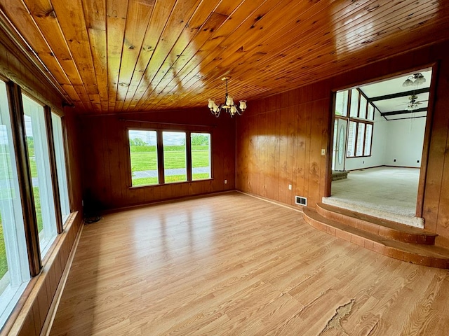 1039 Old Martha Washington Rd, Clarkrange, TN 38553 - unfurnished living room with light wood-style floors, a chandelier, wood ceiling, and wooden walls