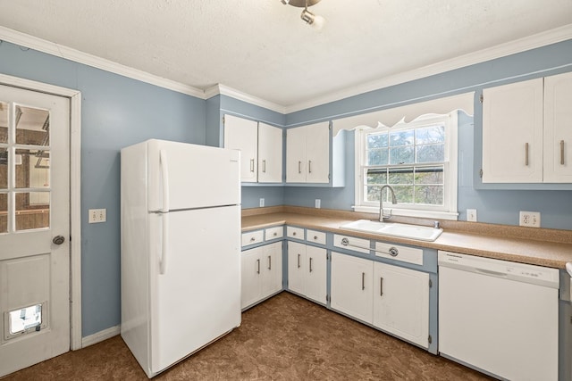 kitchen featuring a sink, white appliances, crown molding, and white cabinetry