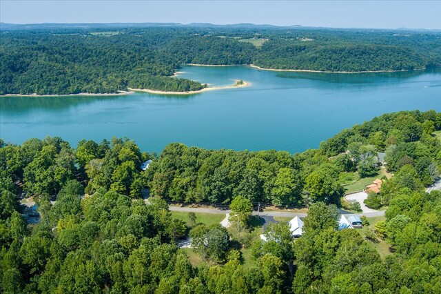 drone / aerial view featuring a wooded view and a water view