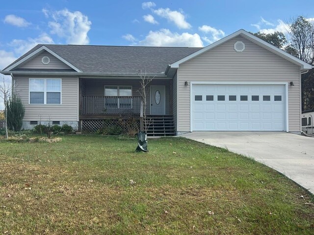 ranch-style home with concrete driveway, crawl space, an attached garage, a front lawn, and a porch