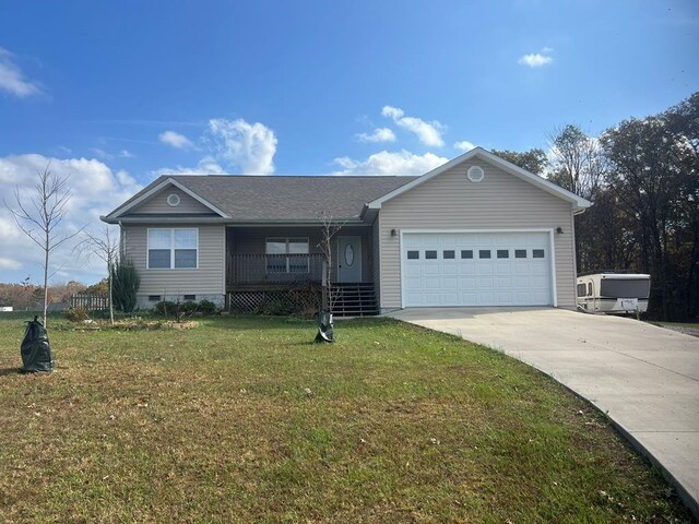 single story home with covered porch, a front yard, crawl space, a garage, and driveway